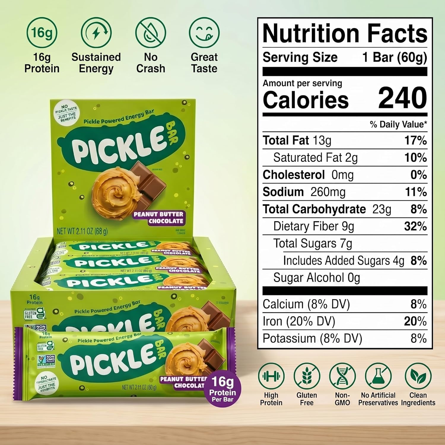 Pickle Bar - Protein Bar with Electrolytes - Peanut Butter Chocolate Flavor