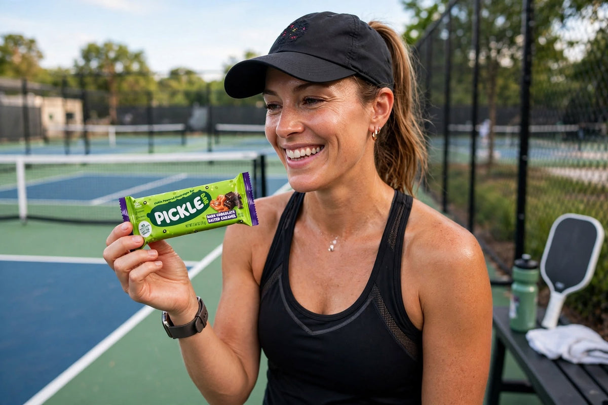 Pickleball player holding a PickleBar courtside