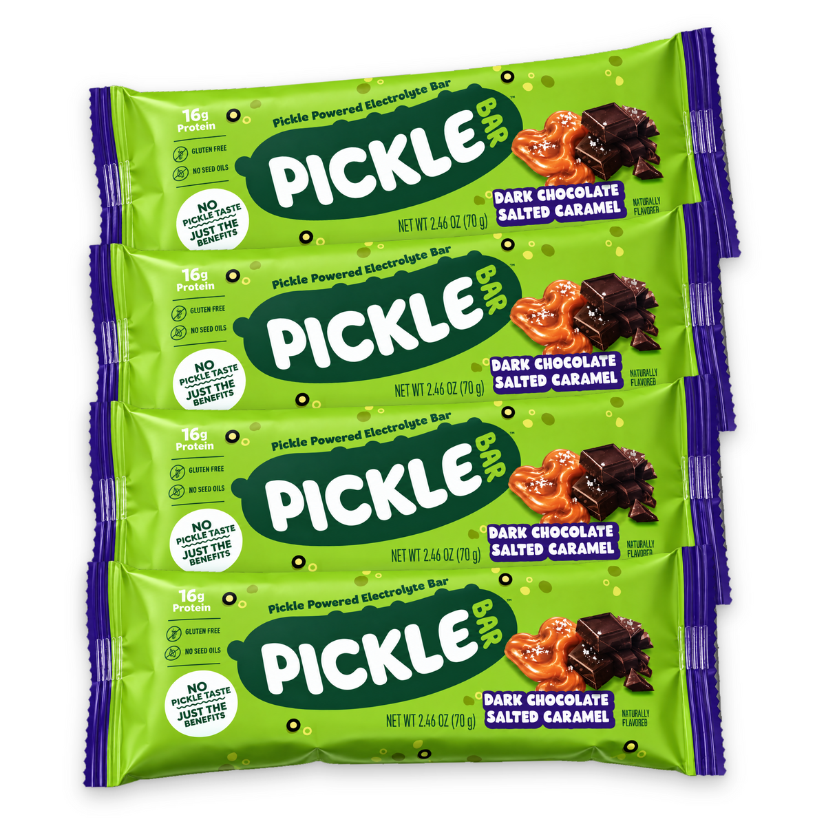 PickleBar Dark Chocolate Salted Caramel electrolyte protein bars, 4-pack