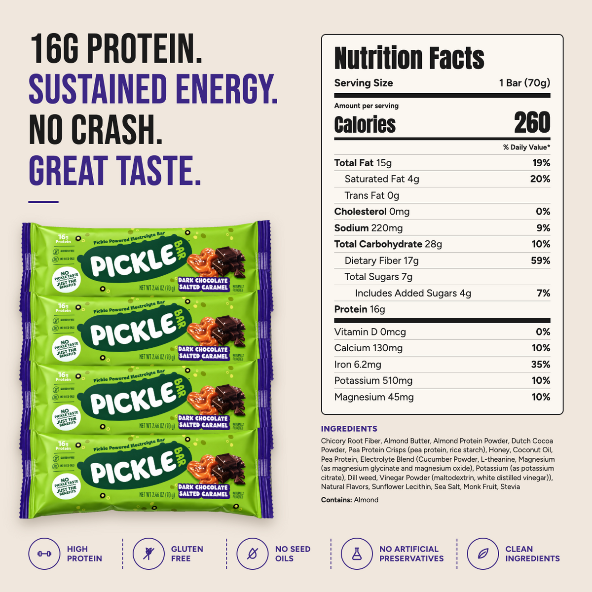 PickleBar Dark Chocolate Salted Caramel nutrition facts